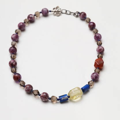 Purple Tourmaline Round Bead, Smoky Quartz Diamond, Citrine & Red Flower Agate Freeform with Lapis Lazuli Accent Bead Necklace