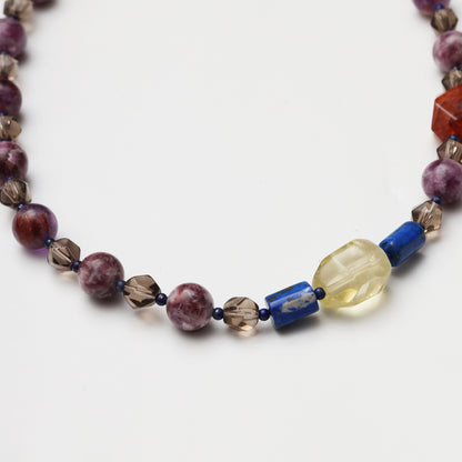 Purple Tourmaline Round Bead, Smoky Quartz Diamond, Citrine & Red Flower Agate Freeform with Lapis Lazuli Accent Bead Necklace