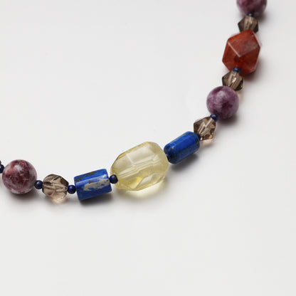 Purple Tourmaline Round Bead, Smoky Quartz Diamond, Citrine & Red Flower Agate Freeform with Lapis Lazuli Accent Bead Necklace
