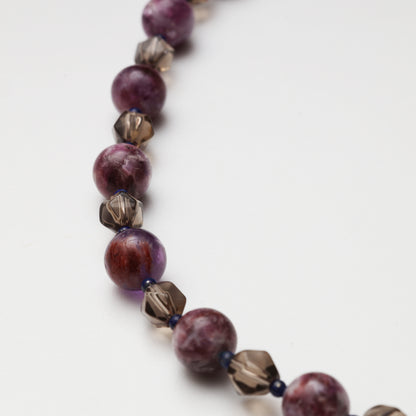 Purple Tourmaline Round Bead, Smoky Quartz Diamond, Citrine & Red Flower Agate Freeform with Lapis Lazuli Accent Bead Necklace