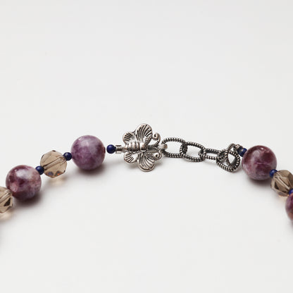 Purple Tourmaline Round Bead, Smoky Quartz Diamond, Citrine & Red Flower Agate Freeform with Lapis Lazuli Accent Bead Necklace
