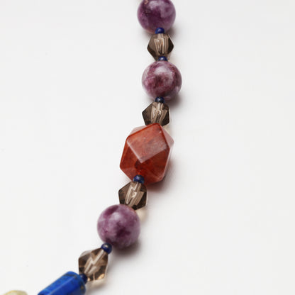 Purple Tourmaline Round Bead, Smoky Quartz Diamond, Citrine & Red Flower Agate Freeform with Lapis Lazuli Accent Bead Necklace