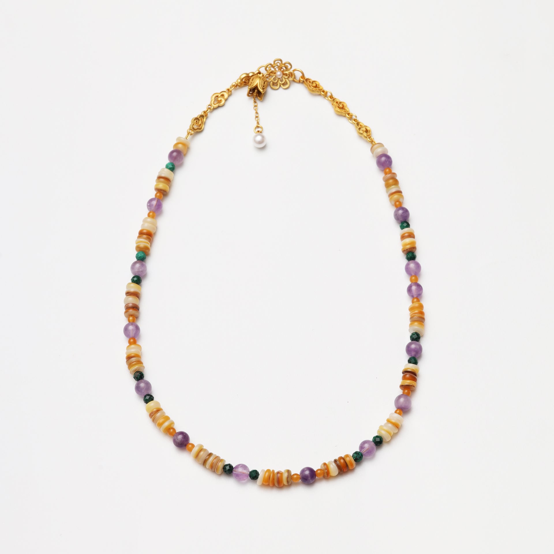 Amethyst Round Bead, Faceted Malachite & Mother-of-Pearl Spacer Chip Necklace