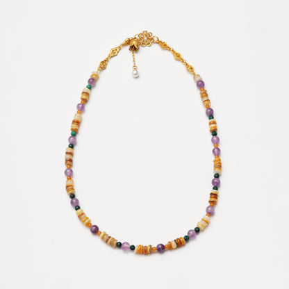 Amethyst Round Bead, Faceted Malachite & Mother-of-Pearl Spacer Chip Necklace