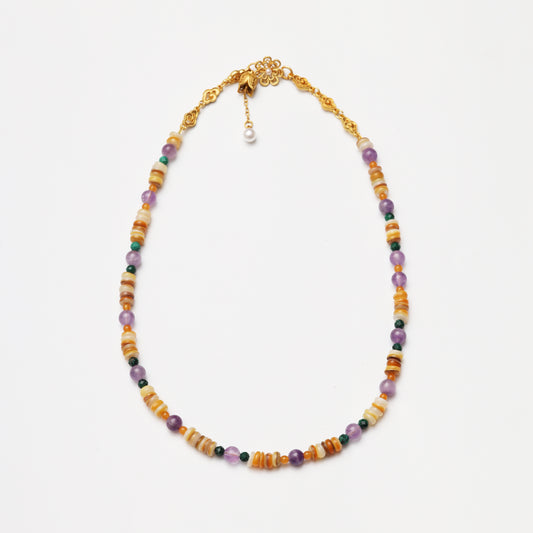 Amethyst Round Bead, Faceted Malachite & Mother-of-Pearl Spacer Chip Necklace