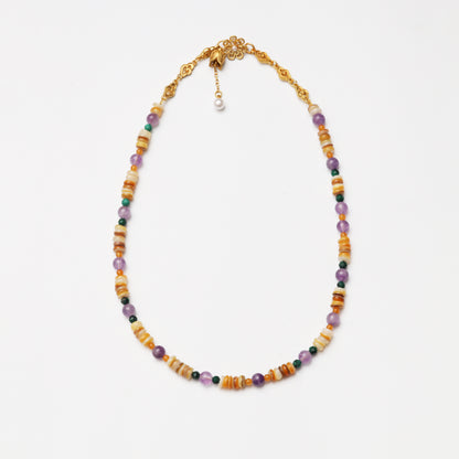 Amethyst Round Bead, Faceted Malachite & Mother-of-Pearl Spacer Chip Necklace