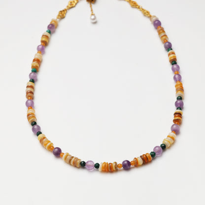 Amethyst Round Bead, Faceted Malachite & Mother-of-Pearl Spacer Chip Necklace