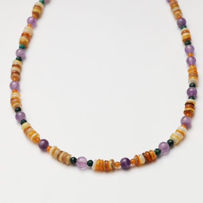Amethyst Round Bead, Faceted Malachite & Mother-of-Pearl Spacer Chip Necklace