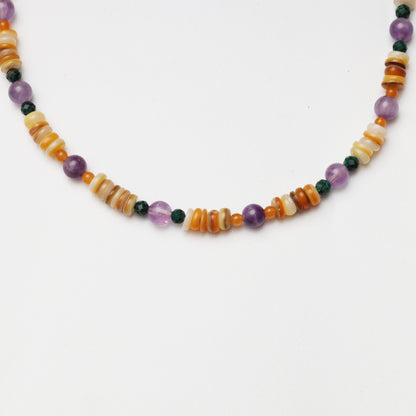 Amethyst Round Bead, Faceted Malachite & Mother-of-Pearl Spacer Chip Necklace