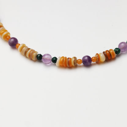Amethyst Round Bead, Faceted Malachite & Mother-of-Pearl Spacer Chip Necklace