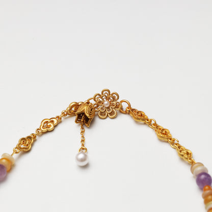 Amethyst Round Bead, Faceted Malachite & Mother-of-Pearl Spacer Chip Necklace