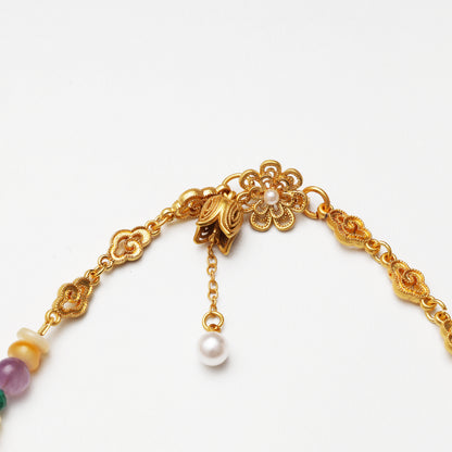 Amethyst Round Bead, Faceted Malachite & Mother-of-Pearl Spacer Chip Necklace