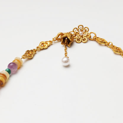 Amethyst Round Bead, Faceted Malachite & Mother-of-Pearl Spacer Chip Necklace
