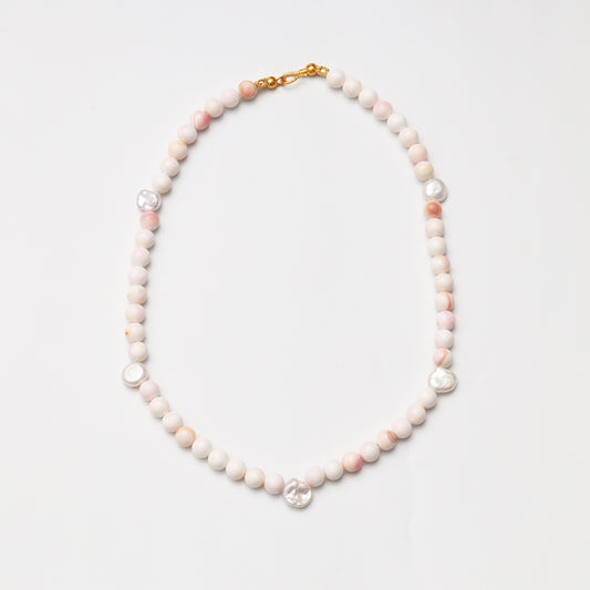 Pink Mother-of-Pearl Round Bead with Baroque Pearl Decor Necklace