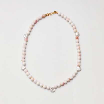 Pink Mother-of-Pearl Round Bead with Baroque Pearl Decor Necklace