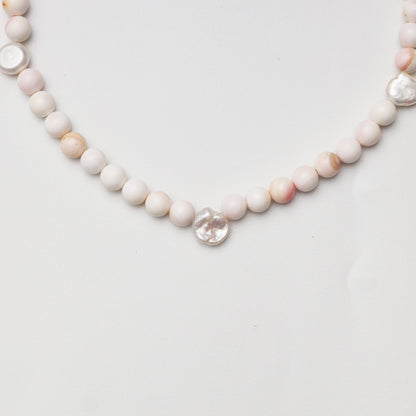 Pink Mother-of-Pearl Round Bead with Baroque Pearl Decor Necklace