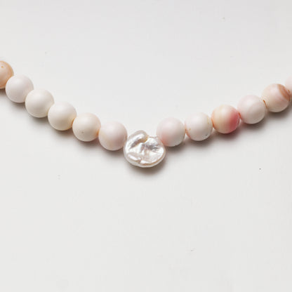 Pink Mother-of-Pearl Round Bead with Baroque Pearl Decor Necklace