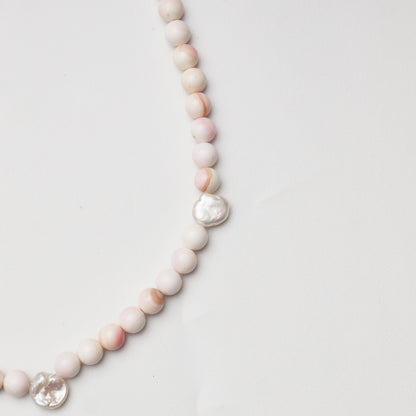 Pink Mother-of-Pearl Round Bead with Baroque Pearl Decor Necklace