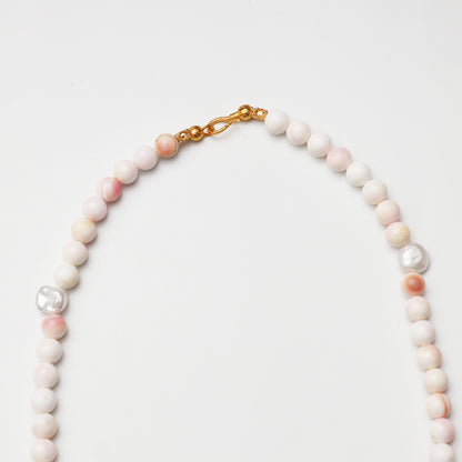 Pink Mother-of-Pearl Round Bead with Baroque Pearl Decor Necklace