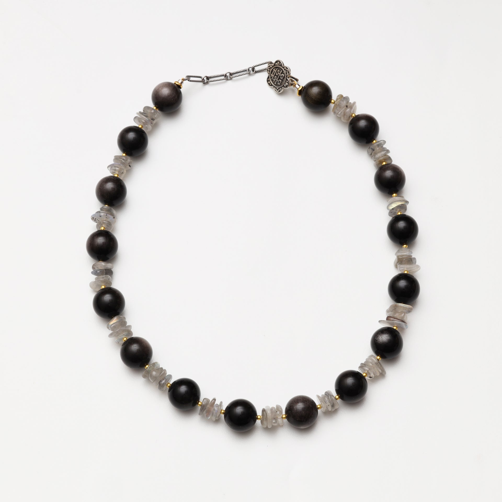 Silver Obsidian Round Bead & Grey Moonstone Freeform Necklace