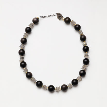 Silver Obsidian Round Bead & Grey Moonstone Freeform Necklace