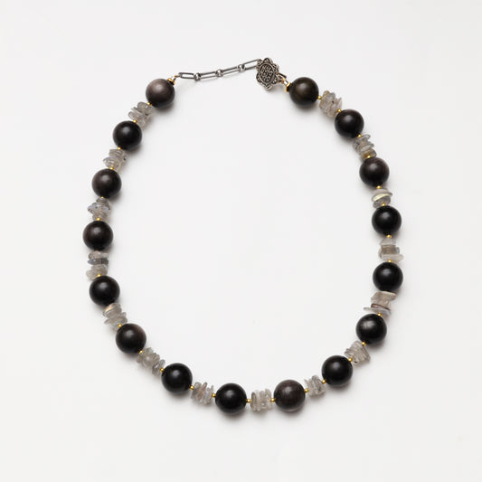 Silver Obsidian Round Bead & Grey Moonstone Freeform Necklace