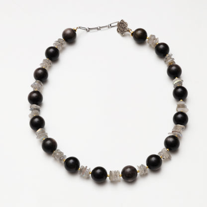 Silver Obsidian Round Bead & Grey Moonstone Freeform Necklace