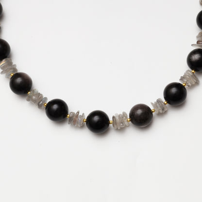Silver Obsidian Round Bead & Grey Moonstone Freeform Necklace