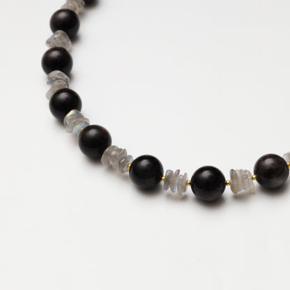 Silver Obsidian Round Bead & Grey Moonstone Freeform Necklace