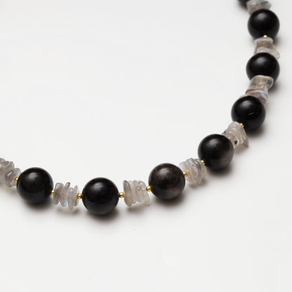 Silver Obsidian Round Bead & Grey Moonstone Freeform Necklace