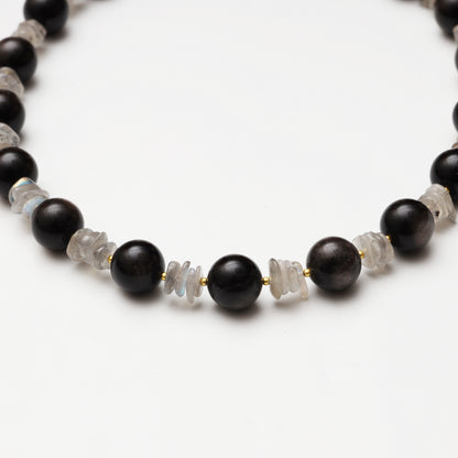 Silver Obsidian Round Bead & Grey Moonstone Freeform Necklace