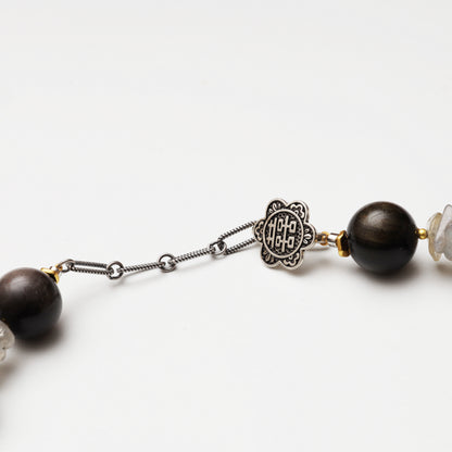 Silver Obsidian Round Bead & Grey Moonstone Freeform Necklace