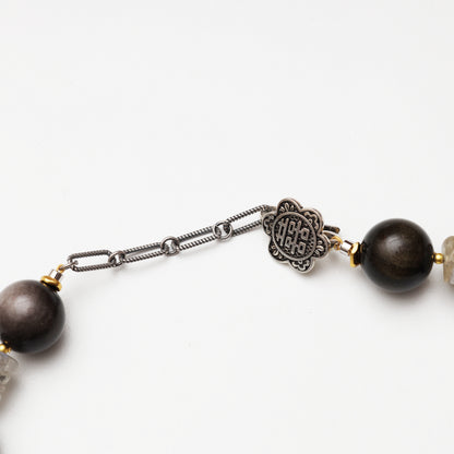 Silver Obsidian Round Bead & Grey Moonstone Freeform Necklace