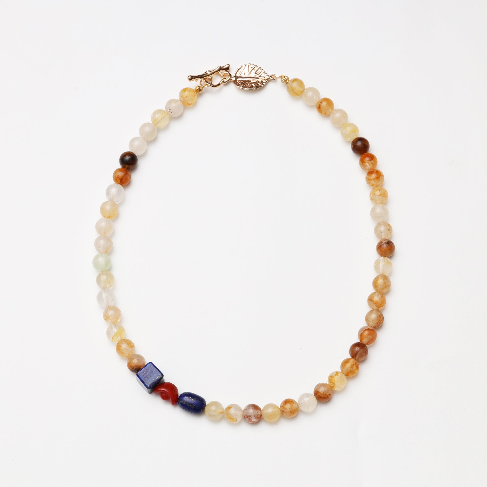 Yellow Flower Agate Round Bead, Lapis Lazuli Cube Barrel Bead & Red Agate Ingot Necklace