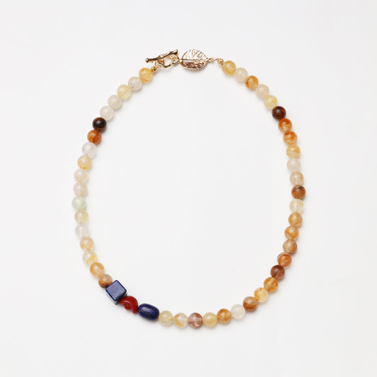 Yellow Flower Agate Round Bead, Lapis Lazuli Cube Barrel Bead & Red Agate Ingot Necklace