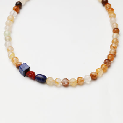 Yellow Flower Agate Round Bead, Lapis Lazuli Cube Barrel Bead & Red Agate Ingot Necklace