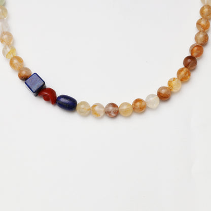 Yellow Flower Agate Round Bead, Lapis Lazuli Cube Barrel Bead & Red Agate Ingot Necklace