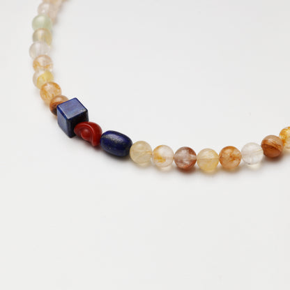 Yellow Flower Agate Round Bead, Lapis Lazuli Cube Barrel Bead & Red Agate Ingot Necklace
