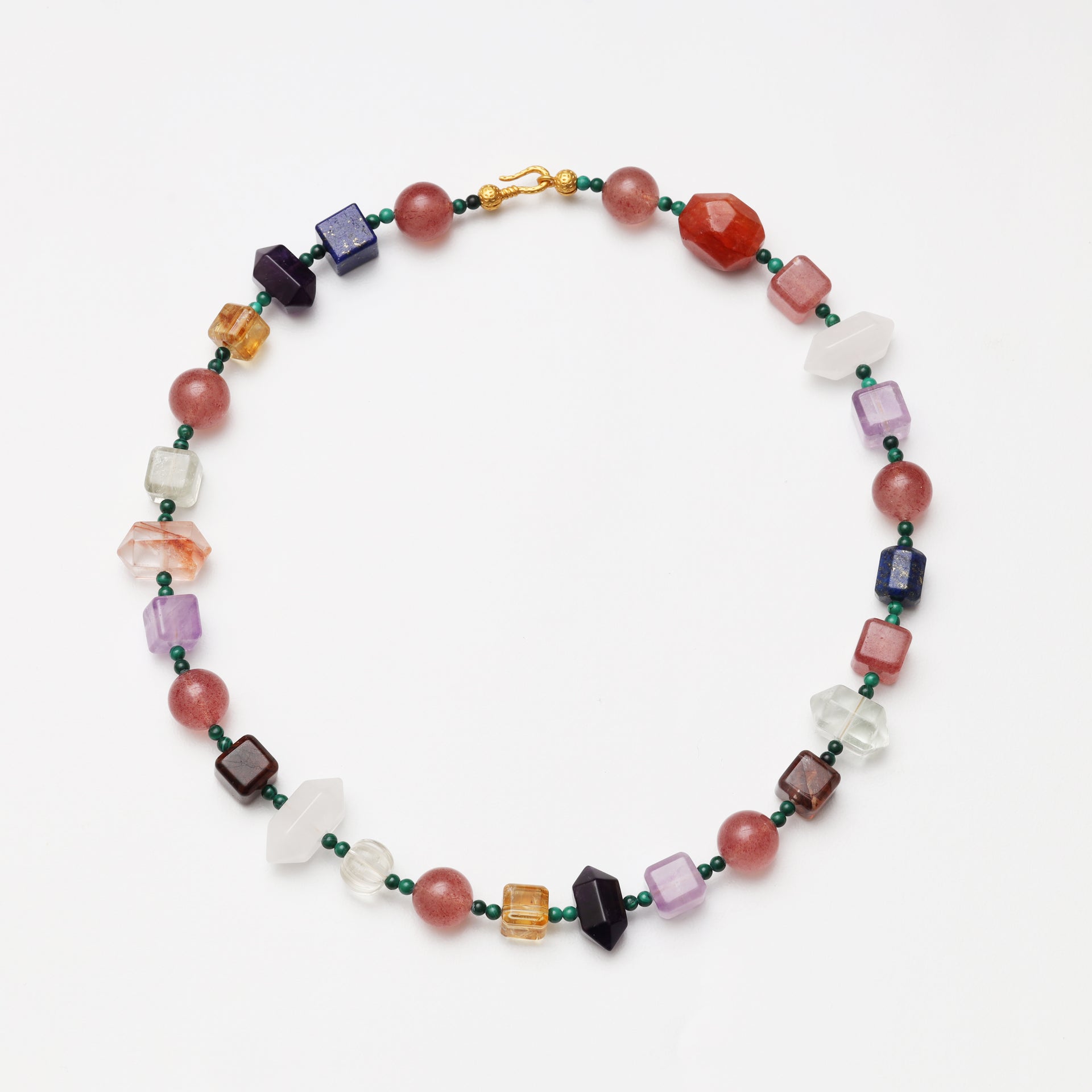 Strawberry Quartz Round Bead, Red Flower Agate Freeform, Lapis Lazuli, Yellow Flower Agate Cube, Amethyst & Clear Quartz Necklace