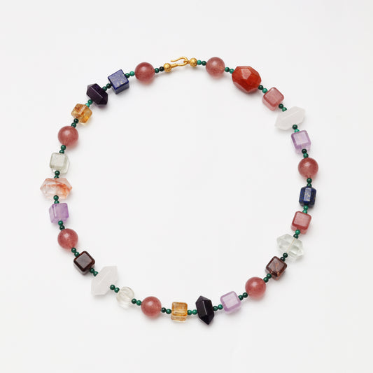 Strawberry Quartz Round Bead, Red Flower Agate Freeform, Lapis Lazuli, Yellow Flower Agate Cube, Amethyst & Clear Quartz Necklace