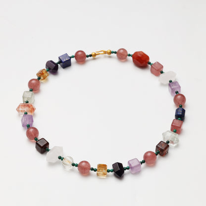 Strawberry Quartz Round Bead, Red Flower Agate Freeform, Lapis Lazuli, Yellow Flower Agate Cube, Amethyst & Clear Quartz Necklace