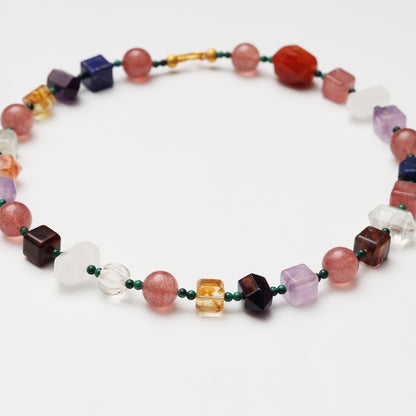 Strawberry Quartz Round Bead, Red Flower Agate Freeform, Lapis Lazuli, Yellow Flower Agate Cube, Amethyst & Clear Quartz Necklace
