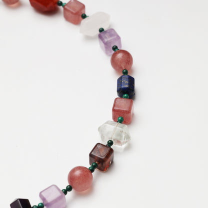 Strawberry Quartz Round Bead, Red Flower Agate Freeform, Lapis Lazuli, Yellow Flower Agate Cube, Amethyst & Clear Quartz Necklace