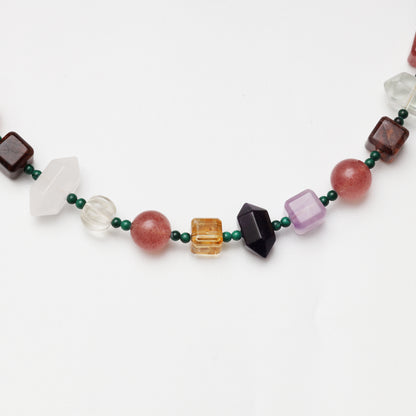 Strawberry Quartz Round Bead, Red Flower Agate Freeform, Lapis Lazuli, Yellow Flower Agate Cube, Amethyst & Clear Quartz Necklace