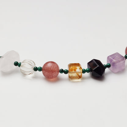 Strawberry Quartz Round Bead, Red Flower Agate Freeform, Lapis Lazuli, Yellow Flower Agate Cube, Amethyst & Clear Quartz Necklace
