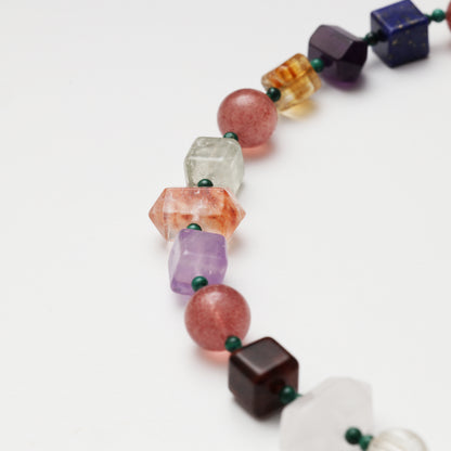 Strawberry Quartz Round Bead, Red Flower Agate Freeform, Lapis Lazuli, Yellow Flower Agate Cube, Amethyst & Clear Quartz Necklace