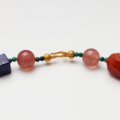 Strawberry Quartz Round Bead, Red Flower Agate Freeform, Lapis Lazuli, Yellow Flower Agate Cube, Amethyst & Clear Quartz Necklace