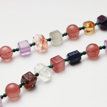 Strawberry Quartz Round Bead, Red Flower Agate Freeform, Lapis Lazuli, Yellow Flower Agate Cube, Amethyst & Clear Quartz Necklace