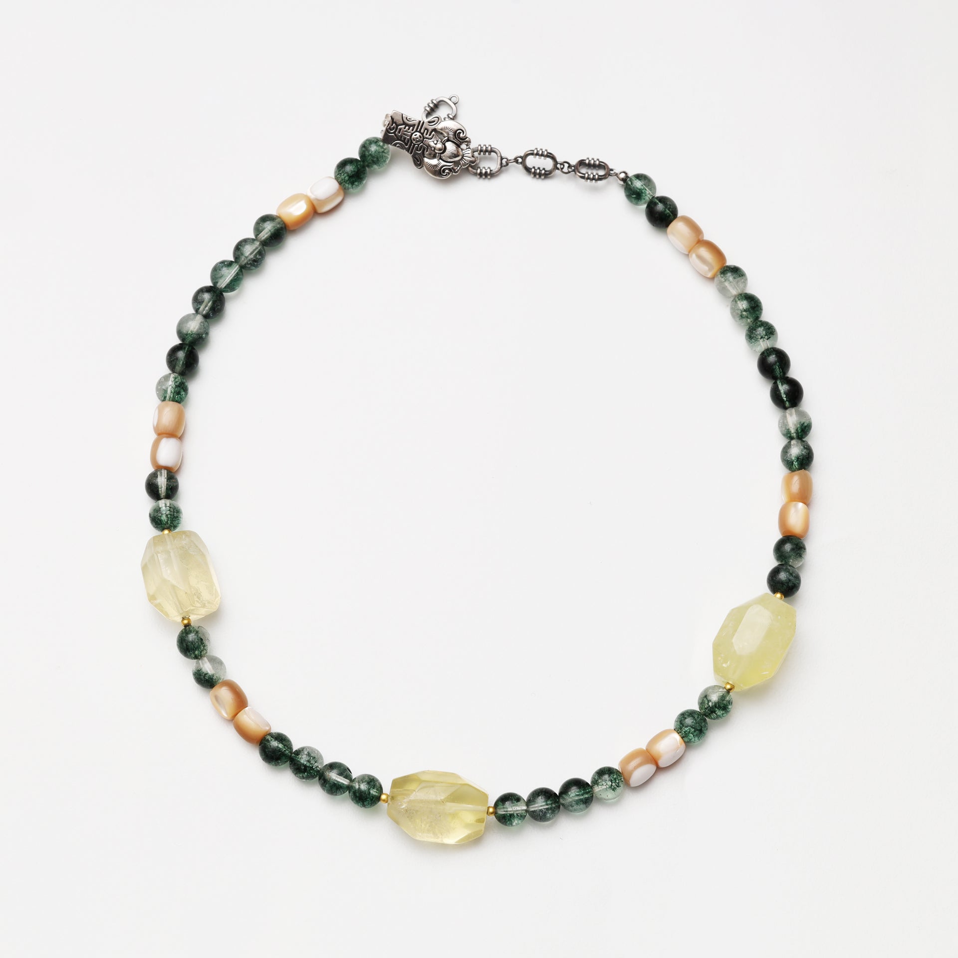 Green Phantom Quartz Round Bead, Mother-of-Pearl Barrel Bead & Citrine Freeform Necklace