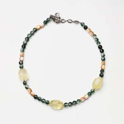 Green Phantom Quartz Round Bead, Mother-of-Pearl Barrel Bead & Citrine Freeform Necklace